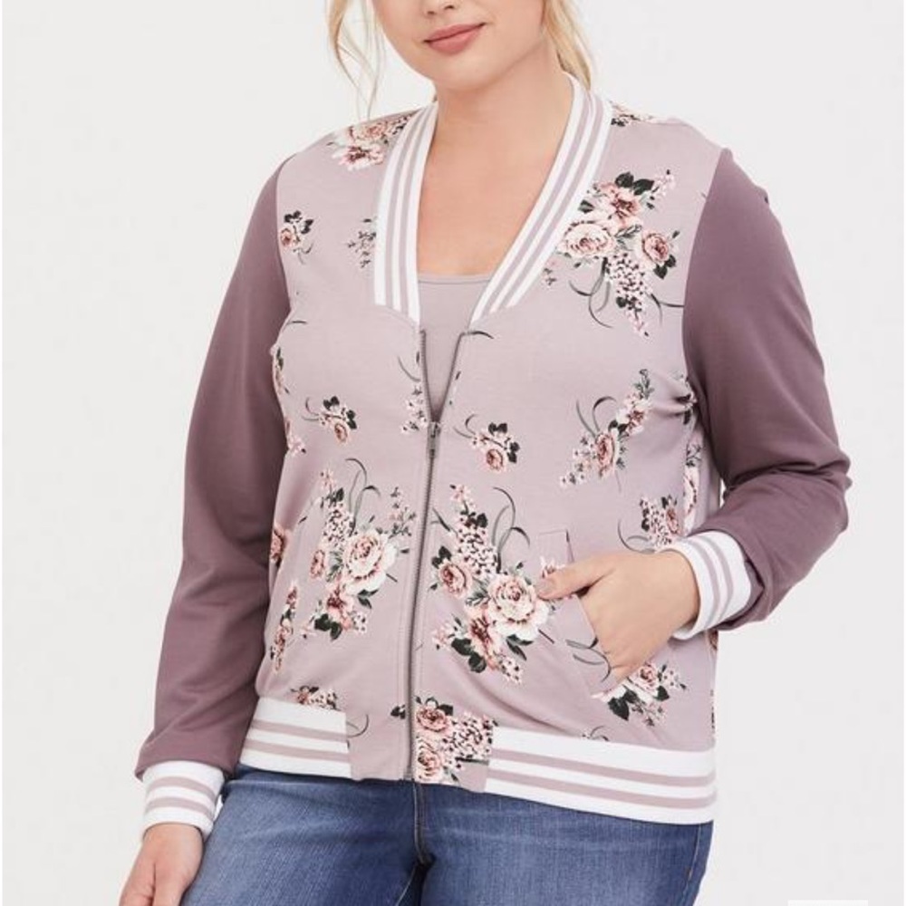 Torrid Mauve Purple Floral Ponte Bomber Jacket